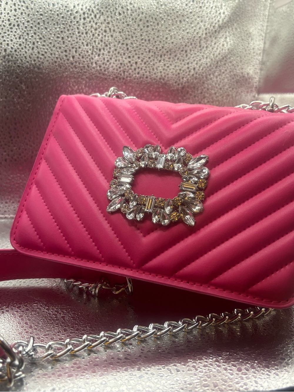 Hot Pink Quilted Crossbody Shoulder Bag with Rhinestone Crystal Buckle & Silver
